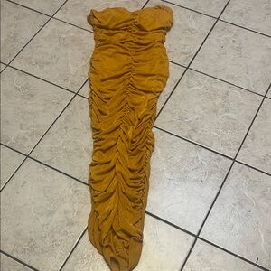 Blue S Ruched Mustard Strapless Midi Dress L